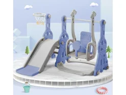 Vente-unique Spel Voor Buiten-4-In-1 Glijbaan Met Schommel En Basketbalstandaard Voor Kinderen, Klimladder, Voor Binnen En Buiten, Blauw
