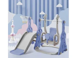 Vente-unique Spel Voor Buiten-4-In-1 Glijbaan Met Schommel En Basketbalstandaard Voor Kinderen, Klimladder, Voor Binnen En Buiten, Blauw