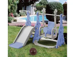 Vente-unique Spel Voor Buiten-4-In-1 Glijbaan Met Schommel En Basketbalstandaard Voor Kinderen, Klimladder, Voor Binnen En Buiten, Blauw