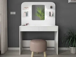 Vente-unique Kaptafels-Kaptafel Amalia - Spiegel Met Ledverlichting En Opbergruimtes - Wit