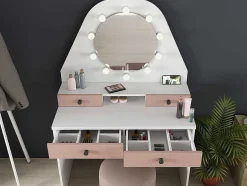Vente-unique Kaptafels-Kaptafel Gabriela - Spiegel Met Ledverlichting En Opbergruimtes - Wit En Roze