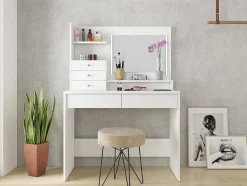 Vente-unique Kaptafels-Kaptafel Giuliana - Spiegel + Ledverlichting En Opbergruimte - Wit
