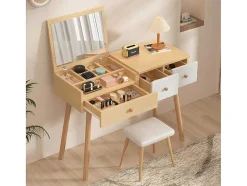 ModernLuxe Kaptafels-Kaptafel Met Opbergspiegel, 3 Laden, Meerdere Opbergvakken, Grote Opbergcapaciteit - Naturel (Kruk Niet Inbegrepen)