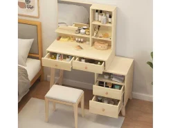ModernLuxe Kaptafels-Kaptafel Met Spiegel - 4 Open Vakken En 4 Grote Lades - Naturel (Kruk Niet Inbegrepen)