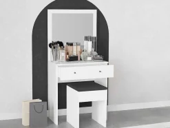 Vente-unique Kaptafels-Kaptafel Met Spiegel En Kruk - 1 Lade - Wit - Abonia