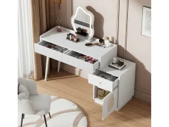 ModernLuxe Kaptafels-Kaptafel Met Spiegel En Led-Verlichting - 2 Lades En Een Uitneembare Kast - Wit (Kruk Niet Inbegrepen)