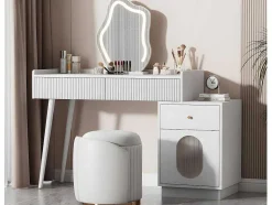 ModernLuxe Kaptafels-Kaptafel Met Spiegel En Led-Verlichting - 2 Lades En Een Uitneembare Kast - Wit (Kruk Niet Inbegrepen)