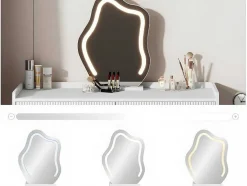 ModernLuxe Kaptafels-Kaptafel Met Spiegel En Led-Verlichting - 2 Lades En Een Uitneembare Kast - Wit (Kruk Niet Inbegrepen)