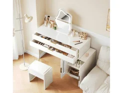 ModernLuxe Kaptafels-Kaptafel Met Spiegel En Led-Verlichting - 2 Lades En Een Uitneembare Kast - Wit (Kruk Niet Inbegrepen)