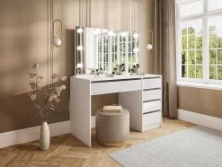 Vente-unique Kaptafels-Kaptafel Met Spiegel En Ledverlichting - 5 Lades - Glanzend Wit - Jenemi