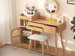 ModernLuxe Kaptafels-Kaptafel Met Spiegel En Led-Verlichting - 3 Lades En Een Zijkastje - Naturel (Kruk Niet Inbegrepen)
