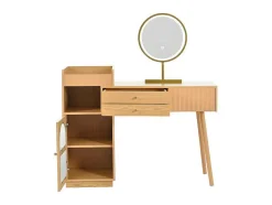 ModernLuxe Kaptafels-Kaptafel Met Spiegel En Led-Verlichting - 3 Lades En Een Zijkastje - Naturel (Kruk Niet Inbegrepen)