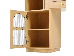 ModernLuxe Kaptafels-Kaptafel Met Spiegel En Led-Verlichting - 3 Lades En Een Zijkastje - Naturel (Kruk Niet Inbegrepen)