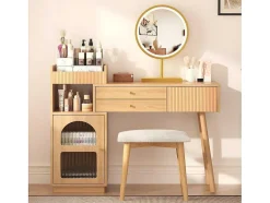 ModernLuxe Kaptafels-Kaptafel Met Spiegel En Led-Verlichting - 3 Lades En Een Zijkastje - Naturel (Kruk Niet Inbegrepen)