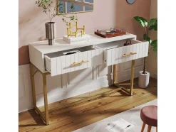 ModernLuxe Kaptafels-Kaptafel Versierd Met Verticale Strepen - H 75 Cm - Met 2 Laden En Metalen Onderstel - Wit