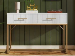 ModernLuxe Kaptafels-Kaptafel Versierd Met Verticale Strepen - H 75 Cm - Met 2 Laden En Metalen Onderstel - Wit