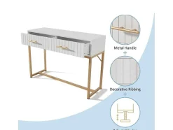 ModernLuxe Kaptafels-Kaptafel Versierd Met Verticale Strepen - H 75 Cm - Met 2 Laden En Metalen Onderstel - Wit