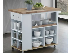 Vente-unique Keukenmeubel-Keukentrolley Hannae - 2 Laden En 1 Plank - Hevea - Wit & Eiken
