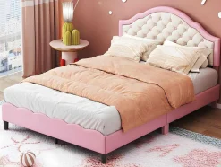 ModernLuxe Kinderbed-Kinderbed 140X200Cm Met Gewatteerde Rugleuning In Kunstleer - Lattenbodem - Roze