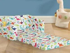 Vente-unique Uitklapbare Fauteuil-Kinderfauteuil Van Fluweel Met Dinosaurus Motieven - Wit - Almagro