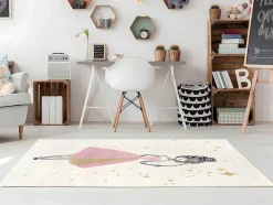 OZAIA Kindervloerkleed-Kindertapijt Met Feeenmotief Ariel - Afwerking In Goudkleurige Lurexdraad - 120 X 170 Cm - Ecru En Roze
