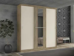 Vente-unique Kledingkast-Kledingkast - 3 Schuifdeuren - Met Spiegel - L205Cm - Naturel En Beige - Didda Ii