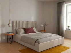 Vente-unique Tweepersoonsbed-Kofferbed En Hoofdeinde Met Verticale Stiksels - 180 X 200 Cm - Stof - Beige - Sarah