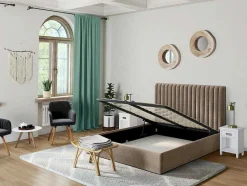 Vente-unique Tweepersoonsbed-Kofferbed En Hoofdeinde Met Verticale Stiksels - 180 X 200 Cm - Stof - Beige - Sarah