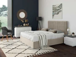 Vente-unique Tweepersoonsbed-Kofferbed En Hoofdeinde Met Verticale Stiksels - 180 X 200 Cm - Stof - Beige - Sarah