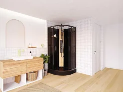 Shower & Design Douchecabine-Kwartcirkelvormige Douchecabine Met Massagestralen En Paneel In Bamboe - Zwart - L90 X B90 X H225 Cm - Tiloma