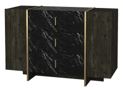 Vente-unique Ladekast-Ladekast 3 Lades En 2 Deurtjes - Zwarte Marmerlook, Donkere Houtlook En Goudkleurig - Cadeba
