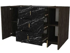 Vente-unique Ladekast-Ladekast 3 Lades En 2 Deurtjes - Zwarte Marmerlook, Donkere Houtlook En Goudkleurig - Cadeba