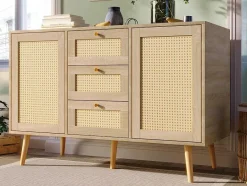 Vente-unique Ladekast-Ladekast 120 X 82 X 40 Cm Met 2 Deuren En 3 Laden In Rotan En Sonoma Eiken, Verstelbare Plank, Beige