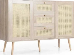 Vente-unique Ladekast-Ladekast 120 X 82 X 40 Cm Met 2 Deuren En 3 Laden In Rotan En Sonoma Eiken, Verstelbare Plank, Beige