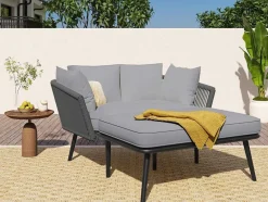 ModernLuxe Ligstoel-Ligstoel, Tuinbank - Gegalvaniseerd Staal En Gevlochten Touw - 2 Plaatsen - Grijs