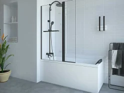 Shower & Design Badscherm-Matzwart Badscherm Met Handdoekhouder En Draaibare Retour - (70 + 30) X 140 Cm - Primael