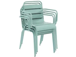 MYLIA Tuinset-Metalen Tuinsalon Mirmande - Tafel D110 Cm + 4 Stapelbare Fauteuils - Amandelgroen