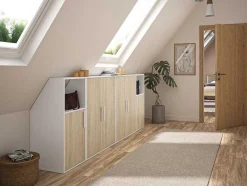 Vente-unique Kleine Opberger En Slaapkameraccessoire-Meubel Voor Onder Een Hellend Dak 6 Deuren En 2 Nissen - Wit En Naturel - Adezio