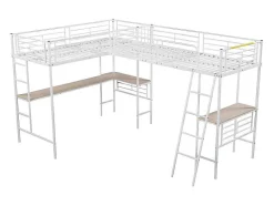 ModernLuxe Kinderbed Hoogslaper-Mezzaninebed - 2 Bedden 90X200 Cm - 2 Bureaus Onder Het Bed - Wit