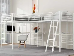 ModernLuxe Kinderbed Hoogslaper-Mezzaninebed - 2 Bedden 90X200 Cm - 2 Bureaus Onder Het Bed - Wit