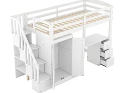 Vente-unique Kinderbed Hoogslaper-Mezzaninebed 90 X 200 Met Kledingkast En Trap, Bureau En Lades - Grenen + Mdf - Wit