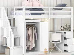 Vente-unique Kinderbed Hoogslaper-Mezzaninebed 90 X 200 Met Kledingkast En Trap, Bureau En Lades - Grenen + Mdf - Wit