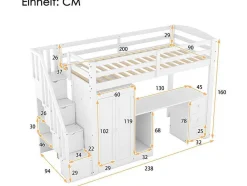 Vente-unique Kinderbed Hoogslaper-Mezzaninebed 90 X 200 Met Kledingkast En Trap, Bureau En Lades - Grenen + Mdf - Wit