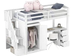 Vente-unique Kinderbed Hoogslaper-Mezzaninebed 90 X 200 Met Kledingkast En Trap, Bureau En Lades - Grenen + Mdf - Wit
