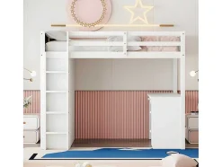 ModernLuxe Kinderbed Hoogslaper-Mezzaninebed 90X200 Cm - Met Opbergmeubel En Bureau - Massief Hout - Wit