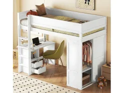ModernLuxe Kinderbed Hoogslaper-Mezzaninebed 90X200Cm - Multifunctioneel Kinderbed - Voorzien Van Kledingkast En Bureau - In Massief Grenen - Wit