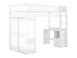 ModernLuxe Kinderbed Hoogslaper-Mezzaninebed 90X200Cm - Multifunctioneel Kinderbed - Voorzien Van Kledingkast En Bureau - In Massief Grenen - Wit