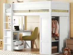 ModernLuxe Kinderbed Hoogslaper-Mezzaninebed 90X200Cm - Multifunctioneel Kinderbed - Voorzien Van Kledingkast En Bureau - In Massief Grenen - Wit
