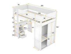 ModernLuxe Kinderbed Hoogslaper-Mezzaninebed 90X200Cm - Multifunctioneel Kinderbed - Voorzien Van Kledingkast En Bureau - In Massief Grenen - Wit