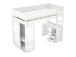 ModernLuxe Kinderbed Hoogslaper-Mezzaninebed 90X200Cm - Multifunctioneel Kinderbed - Voorzien Van Kledingkast En Bureau - In Massief Grenen - Wit